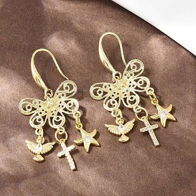 Cross with Bird & Starfish Brass Clear Cubic Zirconia Dangle Earrings EJEW-H182-01G-1