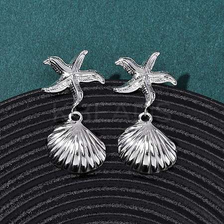 304 Stainless Steel Shell Shape with Starfish Dangle Stud Earrings EJEW-Z135-02P-01-1