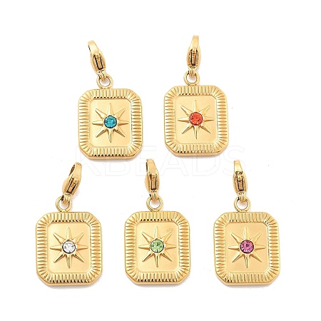 Rectangle with Star 304 Stainless Steel Rhinestone Pendant Decorations STAS-M092-05G-1