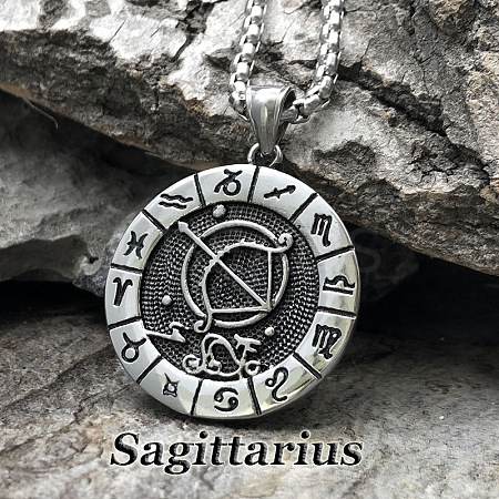 Flat Round with Engraved Twelve Constellation Alloy Pendant Necklace for Women Men WG25F4B-10-1