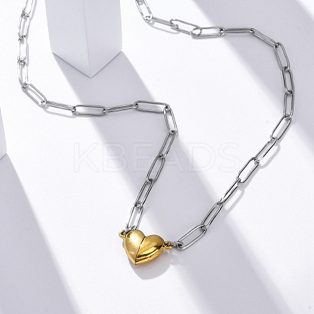 304 Stainless Steel Double-Sided Magnetic Heart Pendant Paperclip Chain Necklaces LS-NJEW-U028-02G-1
