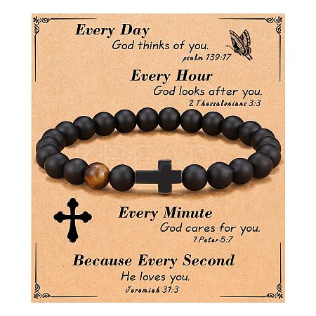Cross Natural Tiger Eye & Frosted Black Obsidian Round Beads Stretch Bracelets for Men Women WG92FBF-04-1