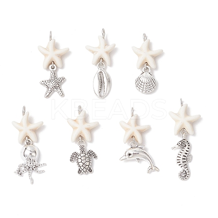 7Pcs 7 Styles Natural Howlite Starfish & Alloy Sea Animals Pendants PALLOY-JF03752-02-1