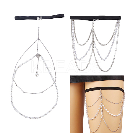 2Pcs 2 Styles Iron with ABS Imitation Pearl and Polyester Thigh Chain AJEW-HY0002-14-1