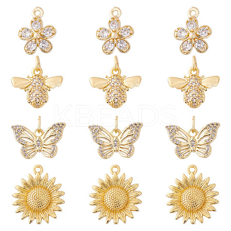 12Pcs 4 Styles Brass Pave Cubic Zirconia Pendants KK-GA0001-75-1