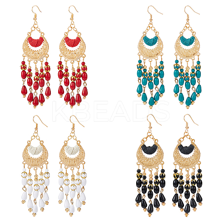 4 Pairs 4 Colors Glass Seed Beaded Tassel Chandelier Earrings EJEW-FI0002-40-1