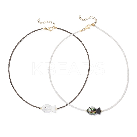 2Pcs 2 Colors Handmade Foil Lampwork Fish & Natural Rainbow Moonstone & Obsidian Faceted Round Beaded Necklaces for Women NJEW-JN05535-1