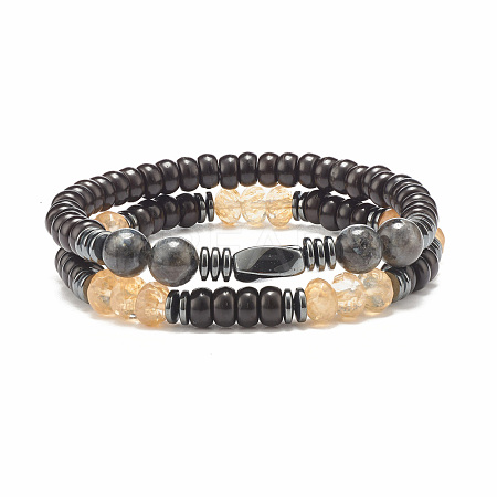 2Pcs 2 Style Coconut & Natural Larvikite & Watermelon Stone Glass Stretch Bracelets Set BJEW-JB07832-1