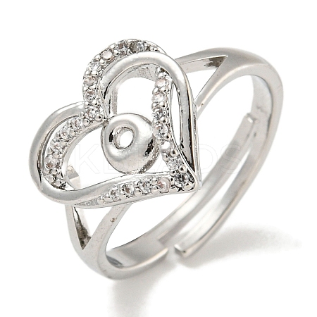 Heart with Letter Rack Plating Brass Micro Pave Clear Cubic Zirconia Adjustable Rings for Women RJEW-I105-01P-O-1