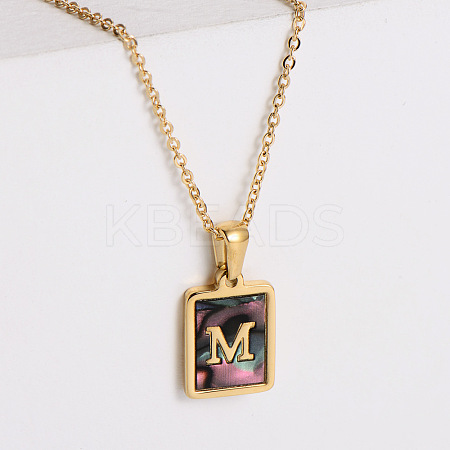 304 Stainless Steel Pave Natural Paua Shell Rectangle Initial Pendant Necklaces for Women FS-WG38E89-13-1