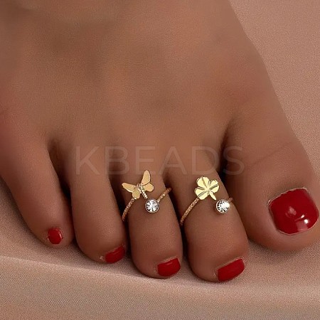 2Pcs 2 Styles Brass Crystal Rhinestone Butterfly Clover Cuff Toe Ring Sets FS-WG20A77-03-1