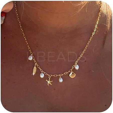 Summer Beach Brass & Plastic Imitation Pearl Pendant Necklaces for Women FS-WG04E65-01-1