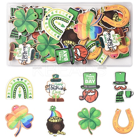32Pcs 8 Styles St.Patrick's Day Themes Printed Wood Pendants WOOD-FS0001-43-1