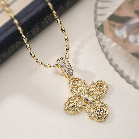Brass Micro Pave Clear Cubic Zirconia Cross Pendant Necklaces for Women LS-NJEW-K298-02A-G-1