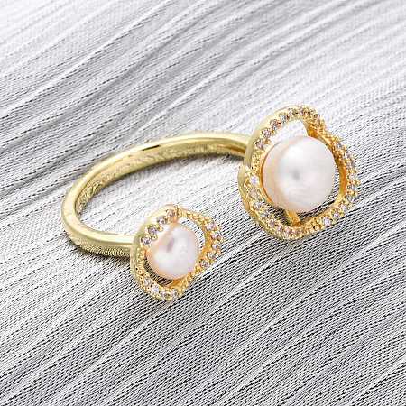 Brass with Natural Pearl Adjustable Cuff Rings RJEW-Q023-03G-1