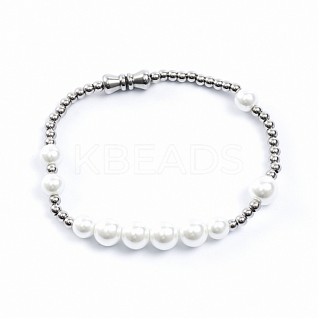 Minimalist Imitation Pearl & 304 Stainless Steel Round Beaded Stretch Bracelets KM8315-2-1