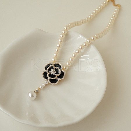 Valentine's Day Flower Alloy Enamel Pendant Plastic Pearl Round Beaded Choker Necklaces FS-WG66EB5-04-1