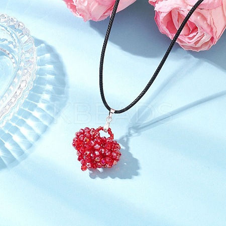 Electroplated Glass Beaded Heart Pendant Black Waxed Cotton Cord Necklaces for Women NJEW-MZ00120-03-1