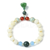 Dyed Bodhi Wood & Natural Agate Beaded Stretch Bracelet with Lotus Charms for Women BJEW-R310-01-1