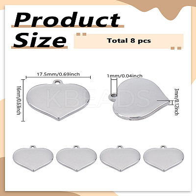 8Pcs 304 Stainless Steel Mirror Polished Finish Stamping Blank Tag Heart Pendants STAS-LP0002-63-1
