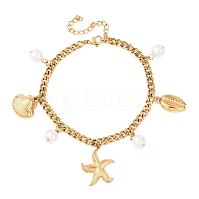 Starfish & Shell Shape 304 Stainless Steel Charm Bracelets BJEW-F519-02B-G-1