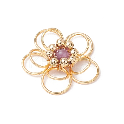 4Pcs 4 Styles Natural Amethyst & Quartz Crystal & Green Aventurine & Carnelian Round Copper Wire Wrapped Flower Pendants PALLOY-TA00258-1