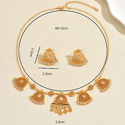 Vintage Brass Micro Pave Clear Cubic Zirconia Filigree Bell Pendant Necklace & Stud Earrings Set for Women JR0711-1