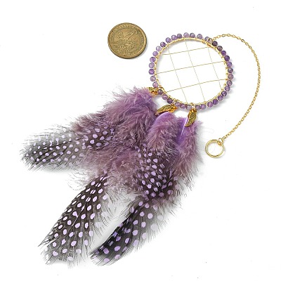 Natural Amethyst Woven Net/Web with Feather Wall Hanging Decoration HJEW-JM01222-01-1
