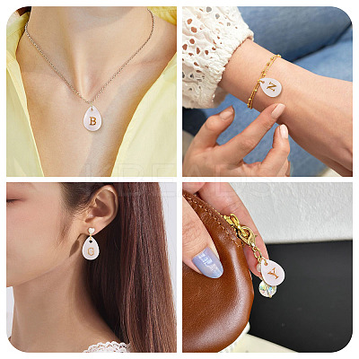 26Pcs 26 Styles Natural Shell Teardrop Charms with Golden Tone Metal Letter Slices SHEL-TAC0004-02-1