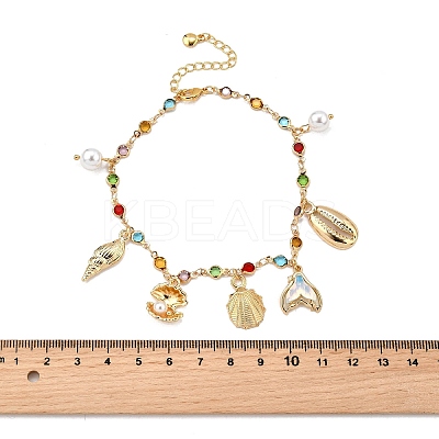 Bohemian Brass Glass Flat Round Link Chain Anklets AJEW-Z046-09G-1