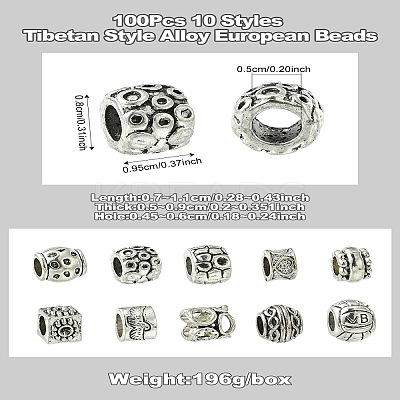 100Pcs 10 Styles Tibetan Style Alloy European Beads FIND-CJ0003-72-1