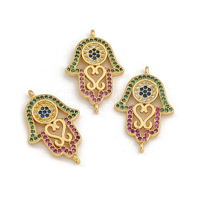 Rack Plating Brass Micro Pave Cubic Zirconia Religion Hamsa Hand Connector Charms KK-C074-55G-1