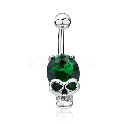 Real Platinum Plated Skull Brass Cubic Zirconia Navel Ring Navel Ring Belly Rings AJEW-EE0001-10-1