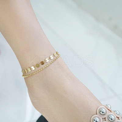 304 Stainless Steel Sequin Disc Link Chain & Ball Chain Double Layer Anklets for Women FS-WG0AA08-01-1