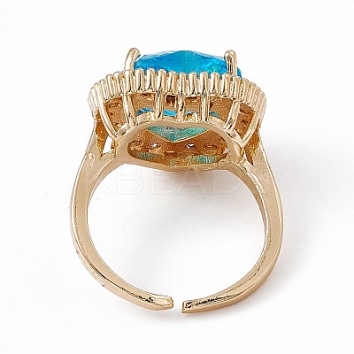 Deep Sky Blue Glass Heart Open Cuff Ring with Cubic Zirconia RJEW-J017-VC501-1