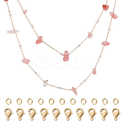 3m Natural Rose Quartz Chips & ABS Plastic Imitation Pearl Beaded Chains Necklace Making Kits CHC-TA0001-30B-1