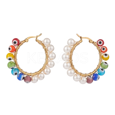 Shell Pearl & Evil Eye Lampwork Beaded Hoop Earrings EJEW-TA00115-1