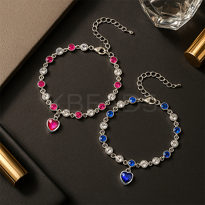 2Pcs 2 Colors Heart Alloy Rhinestone Charms Bracelets BJEW-HY0001-06-1