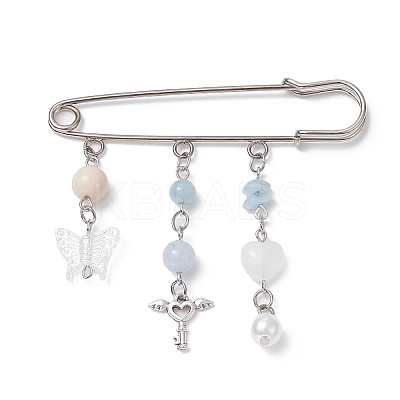 Natural Mixed Gemstone & Butterfly Charms Safety Pin Brooch JEWB-BR00101-1