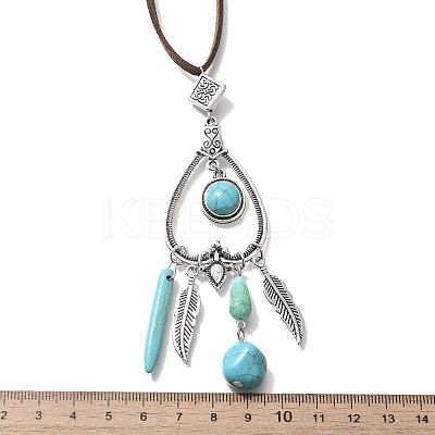 Bohemian Style Alloy Feather & Synthetic Turquoise Heart Long Pendant Necklaces for Women LS-NJEW-G158-01A-1