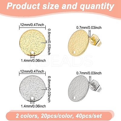 40Pcs 2 Colors 201 Stainless Steel Flat Round Stud Earring Findings STAS-UN0060-71-1