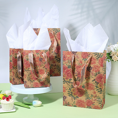 8Pcs 2 Styles Rotro Rose Flower Print Paper Packaging Tote Bags ABAG-BBC0001-32-1
