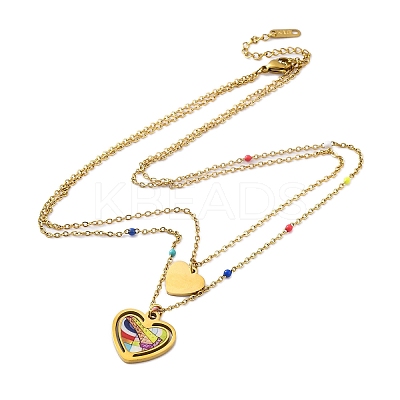 304 Stainless Steel & Plastic Colorful Heart Pendant Double Layer Necklaces for Women NJEW-U032-11G-1