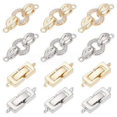 12Pcs 4 Style Brass Micro Pave Clear Cubic Zirconia Fold Over Clasps & Brass Fold Over Clasps KK-SC0004-10-1