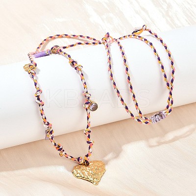 304 Stainless Steel Textured Heart Pendant Cotton Cord Adjustable Necklaces NJEW-C093-01G-1