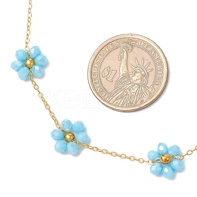 2Pcs 2 Colors Brass & Faceted Round Glass Beaded Flower Link Chain Necklaces NJEW-JN05296-1