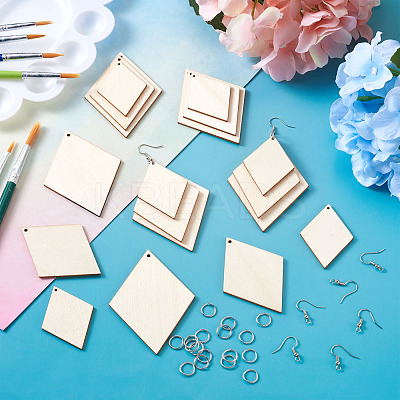 DIY Rhombus Shape Natural Wood Pendants Earring Making Kits DIY-YS0001-14-1