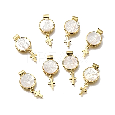 Brass Pave Natural White Shell Flat Round with Cross Pendants KK-C090-40G-1