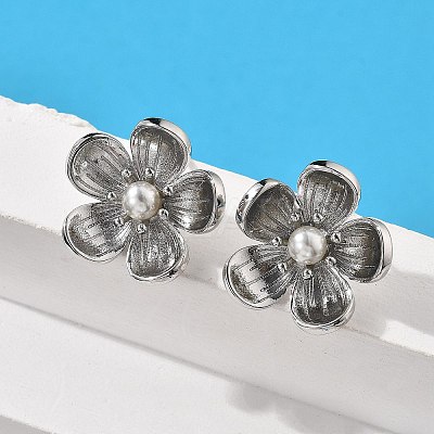 Brass ABS Plastic Imitation Pearl Flower Stud Earrings EJEW-S258-05P-1