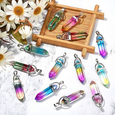 14Pcs 7 Colors Faceted Bullet Glass Pointed Pendants GLAA-CJ0001-71-1